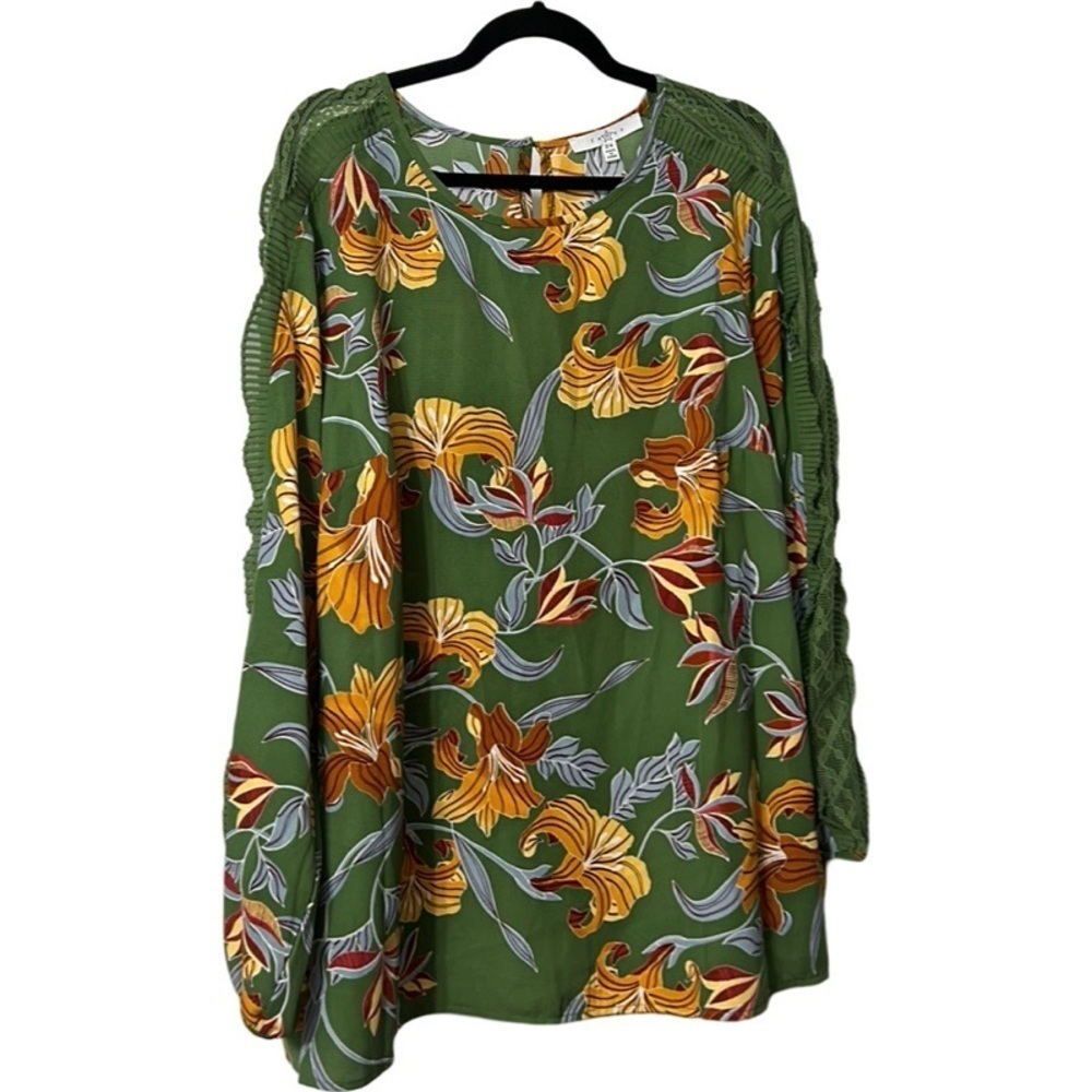 Fever Green Floral Blouse 2X Lace Sleeve Detail Boho Fall Top NWT - Picture 2 of 8